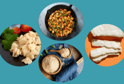 A composite image of fungi-based foods on a blue backdrop.