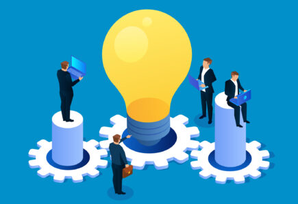 Digital art showing a large yellow lightbulb and working professionals with laptops. White gears connect the lightbulbs to cylindrical platforms that the people sit or stand on.