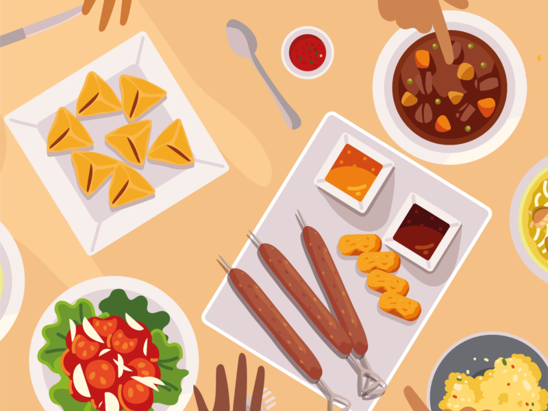Graphics art of hands reaching for various foods including salad and samosas.