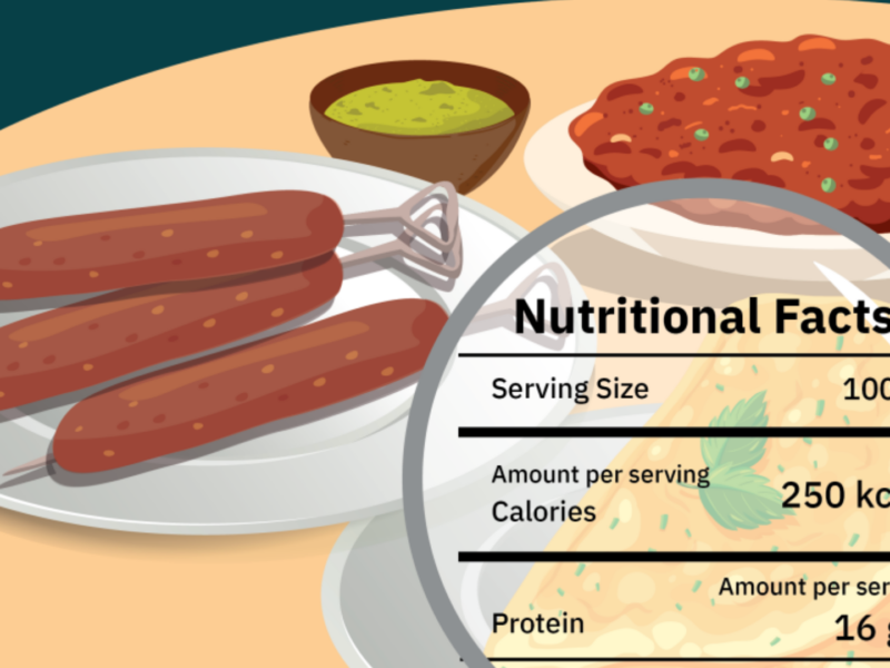 A plate of food with a nutrition label