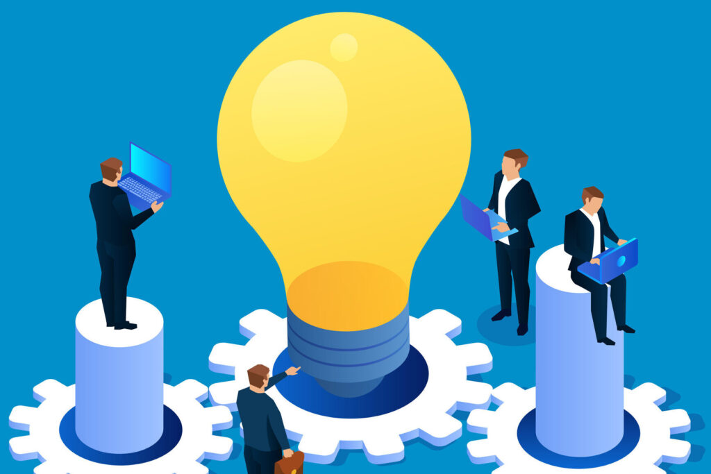 Digital art showing a large yellow lightbulb and working professionals with laptops. White gears connect the lightbulbs to cylindrical platforms that the people sit or stand on.